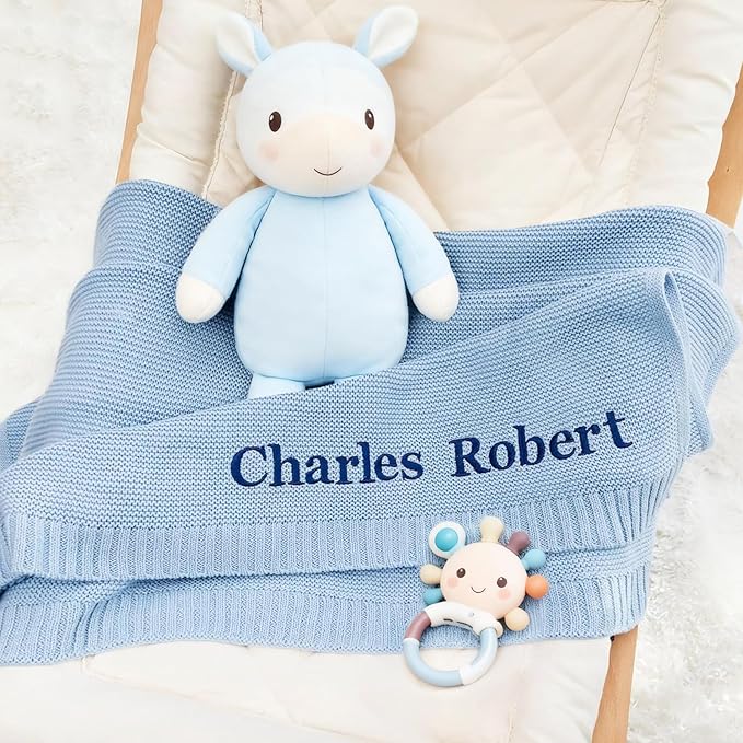 Personalized Baby Blanket with Name - Custom Embroidered Knitted Swaddle Receiving Blanket, 30x40 Inch, Soft Organic Cotton, Unique for Newborn, Birthday, Christmas