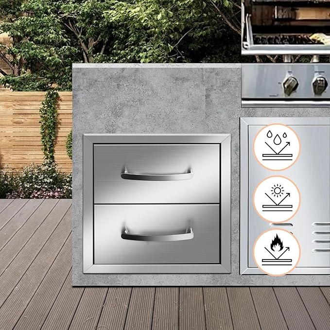 Outdoor Kitchen Drawers Stainless Steel 14W X 14.3H X 23D Inch, Flush Mount Double BBQ Island Drawers with Handle for Outdoor Kitchens, Patio or Grill Station
