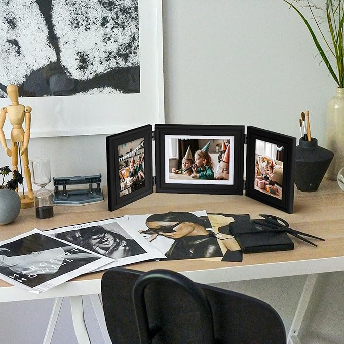 3 Vertical Horizontal Hinged Wood Picture Frame 4x6 and 5x7 Triple Folding Photo Frame Home Decor with Real Glass Front in Black for Tabletop, Display 4x6 with Mat or 5x7 without Mat