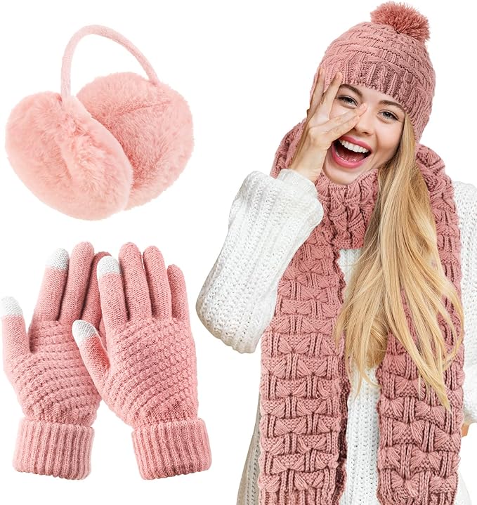 JenPen 4 Pcs Winter Hat Scarf and Gloves Set for Women Include Ear Cover Cold Weather Scarf Hat Knit Beanie Gloves