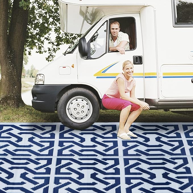 SAND MINE Reversible Mats, Plastic Straw Rug, Modern Area Rug, Large Floor Mat Rug for Outdoors, RV, Patio, Backyard, Deck, Picnic, Beach, Trailer, Camping, Dark Blue & White, 9' x 18'