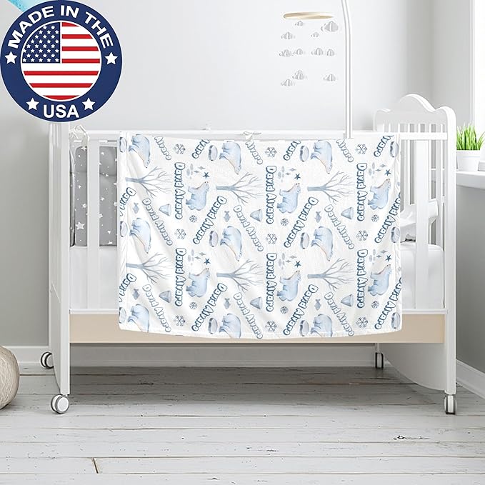 Ship Next Day Personalized Baby Blanket, Printed in USA - Custom Name Toddler Blanket with Polar Bears Pattern, Personalized