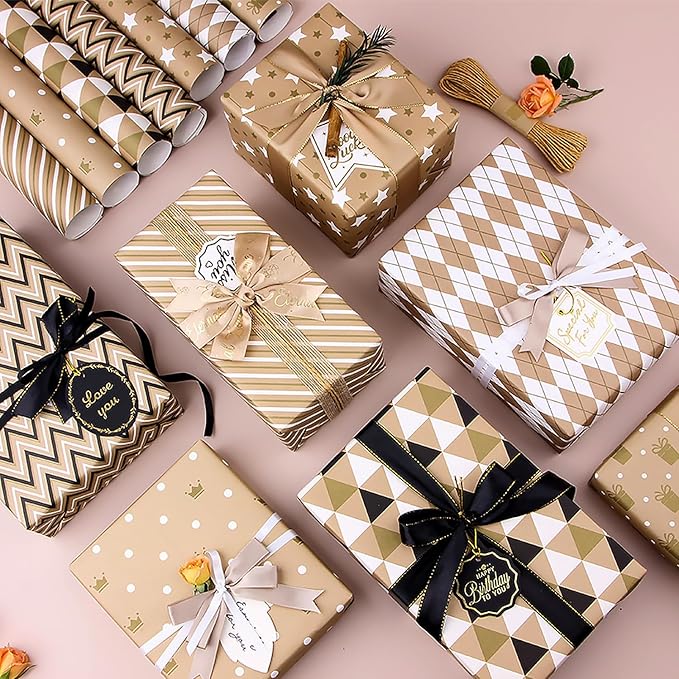 MAMUNU Gift Wrapping Paper Set, 8 Sheets Brown Wrapping Paper for Birthday Graduation and All Occasions, Gift Wrap Paper Set for Men Women, 20x28 Inch