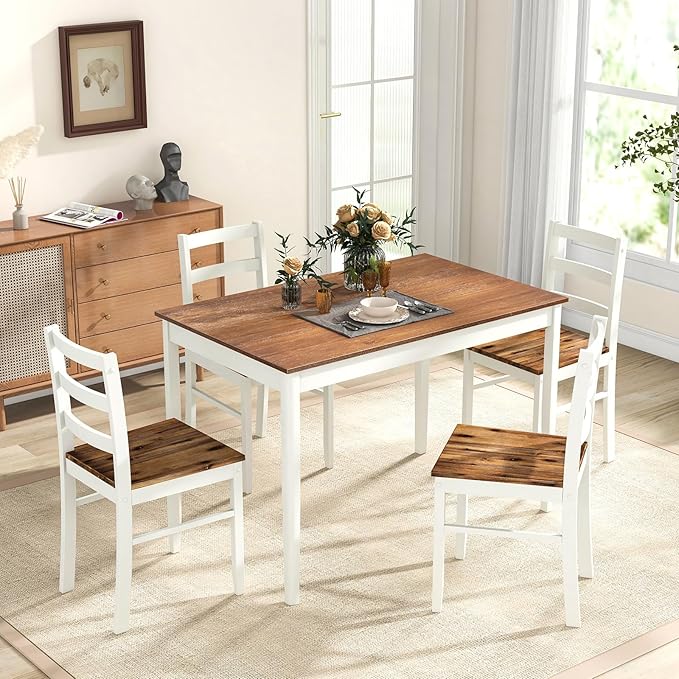 Tangkula Dining Table Set for 4, Solid Wood, Farmhouse Dinette Set w/Rubber Wood Legs, Mid-Century Modern, Compact Dining Table and Chairs Set for Kitchen, Dining Room (Brown+White)
