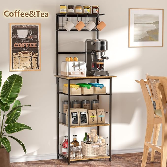 5 Tier Coffee Bar Station, Kitchen Stand with 4 S-Shaped Hooks, Farmhouse Corner Coffee Bar Cabinet for Small Spaces, Bakers Rack for Kitchen, Entryway, Living Room, 13.43"D x 18.93"W x 53.31"H