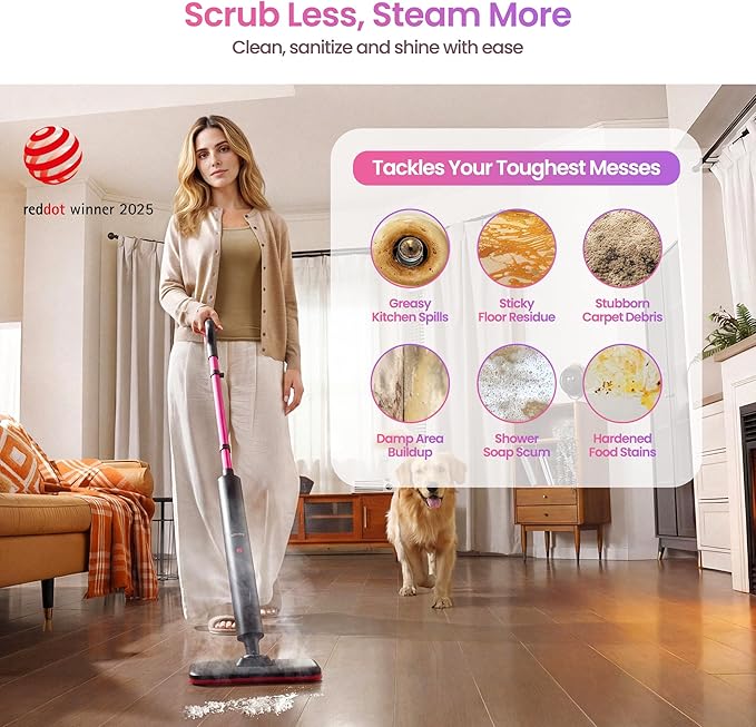 Schenley Steam Mop Cleaner Powerful - 15s Fast Heat-Up, Chemical-Free for Hardwood/Tile/Laminate & Floors/Walls, Washable Pads, 3 Modes for Carpet, Lightweight, Self-Standing, Sleek Design