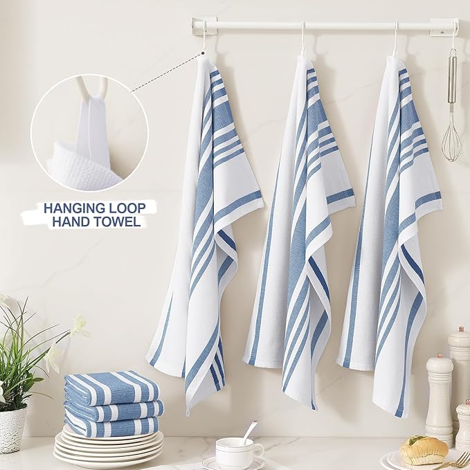 Homaxy Premium Kitchen Towels 18”x 28”, Large Cotton 380 GSM Kitchen Hand Towels, Stripe and Terry Dish Towel, Highly Absorbent Tea Towel Set with Hanging Loop, 6 Pack, Navy Blue
