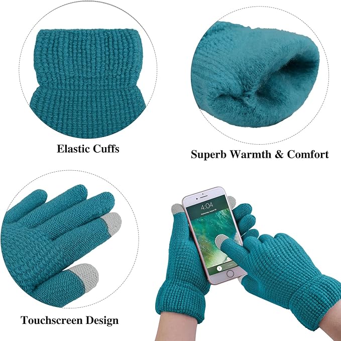 Aneco Womens Winter Warm Sets Knitted Fur Pompoms Beanie Hat Circle Loop Scarf Touch Screen Gloves Winter Favor Accessories