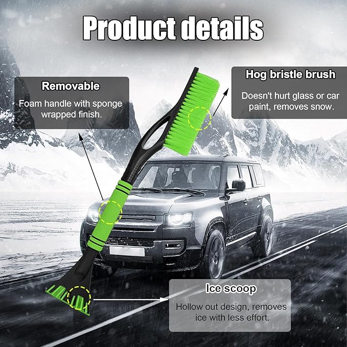 Car Snow Brush and Ice Scraper, Multi-Functional Detachable Snow Brush with Foam Grip, Ice Snow Removal Cleaning Tool for Car Windshield Window, Universal Car Accessories (Green)