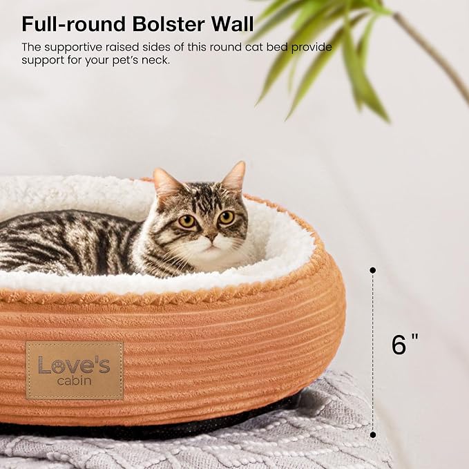 Love's cabin Round Donut Cat and Dog Cushion Bed, 20in Pet Bed for Cats or Small Dogs, Anti-Slip & Water-Resistant Bottom, Super Soft Durable Fabric Pet beds, Washable Luxury Cat Dog Bed Orange Stripe