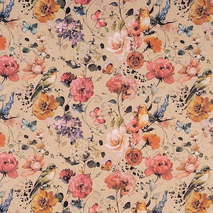 RUSPEPA Blooming Flower Wrapping Paper with Bird and Butterfly Design, 17 in x 32.8 ft Each Roll, Mini Roll Kraft Floral Wrapping Paper for Girls, Women, Spring and Birthday