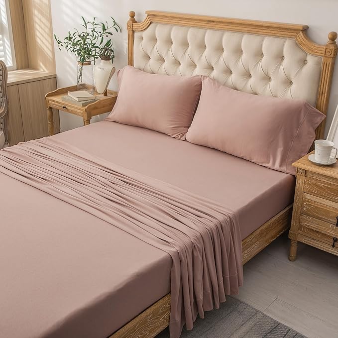 PURE ERA Jersey Knit 4pc Bed Sheet Set 100% T-Shirt Cotton Super Soft Comfy Breathable Fits Mattress Up to 20" Extra Deep Pocket (Solid Petal Pink, Queen)