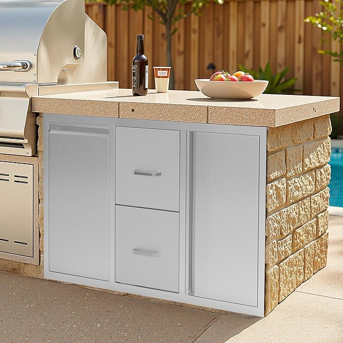 Jocisland 41.5" W20 D23 H Stainless Steel Outdoor Kitchen Drawers, Double Drawers with Trash Drawer & Door, 3-Tier Cabinet, Built-in BBQ Island Storage for Outdoor Kitchens