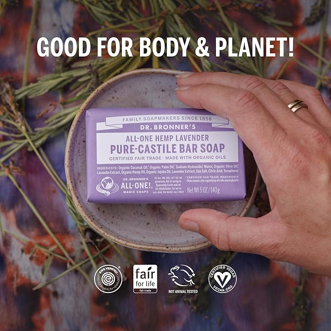 Dr. Bronner's Pure-Castile Magic Bar Soap (Lavender, 5 Ounce, 12-Pack) - Made with Regenerative Organic Certified Oils, For Face, Body & Hair, Gentle & Moisturizing, Biodegradable, Vegan, Cruelty-free