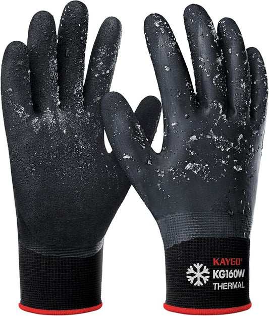 KAYGO Winter Waterproof Work Gloves for Men and Women, Thermal Insulated Freezer Rubber Coated Gloves,Super Grip,KG160 (M, Black)