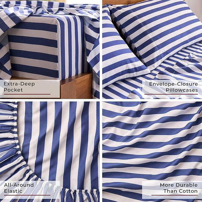 Mellanni Queen Sheets Set - 4 PC Iconic Collection Bedding - Hotel Luxury, Extra Soft, Cooling Bed Sheets - Wrinkle, Fade, Stain Resistant (Queen, Oxford Stripe Blue Nova)