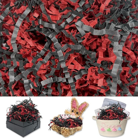 Black Red Crinkle Cut Paper Shred Filler, 2 LB Basket Filler Shredded Paper, Confetti Stuffing for Basket Filling, Mother's Day, Birthdays, Weddings, DIY Gift Wrapping, Stuffer Party Supplies