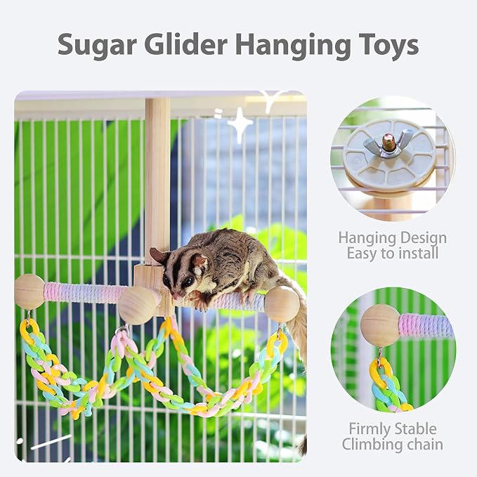 Sugar Glider Climbing Toys Haning Swing Sugar Glider Cage Accessories | Natural Wood Climbing Toys Sugar Glider Accessories Rat Enrichment Toys for Small Animals Rat and Birds(Swing Style)