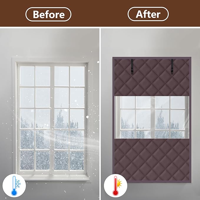 3 Layer 63 x 39 Inch Visible Winter Insulated Window Cover,Oxford Thermal Insulated Window Blanket with Fastener,Brownish Red Window Insulation Kit for Winterizing Keeping Home Warm