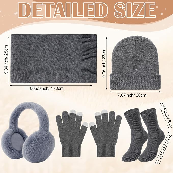 Geyoga 6 Pcs Women Winter Beanie Hat Scarf Gloves Ear Muffs Fuzzy Socks Set, Touchscreen Gloves for Thermal Gift Cold Weather