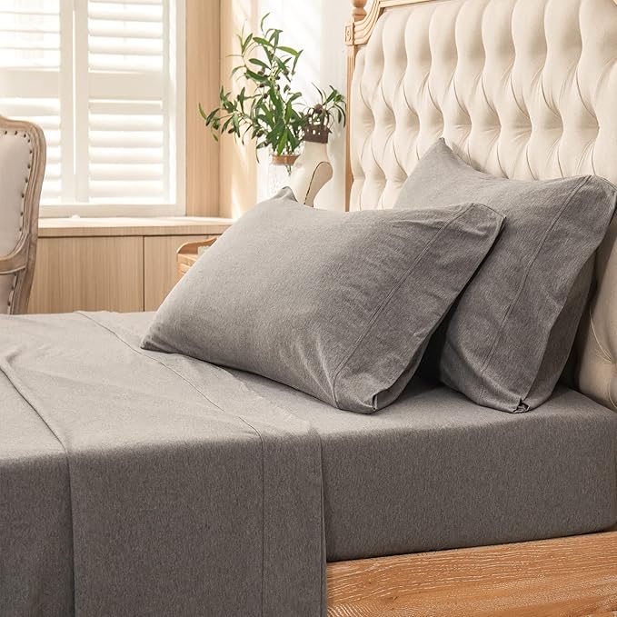 PURE ERA Jersey Knit 4pc Bed Sheet Set 100% T-Shirt Cotton Super Soft Comfy Breathable Fits Mattress Up to 15" Extra Deep Pocket (Heather Dark Grey, Twin)