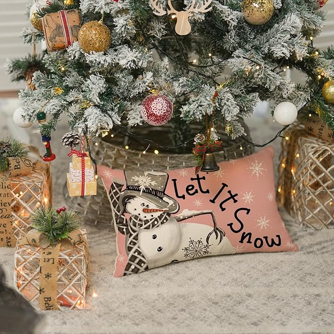AVOIN colorlife Christmas Winter Snowman I Smell Snow Throw Pillow Cover, 12 x 20 Inch Winter Holiday Pink Cushion Case Decoration for Sofa Couch