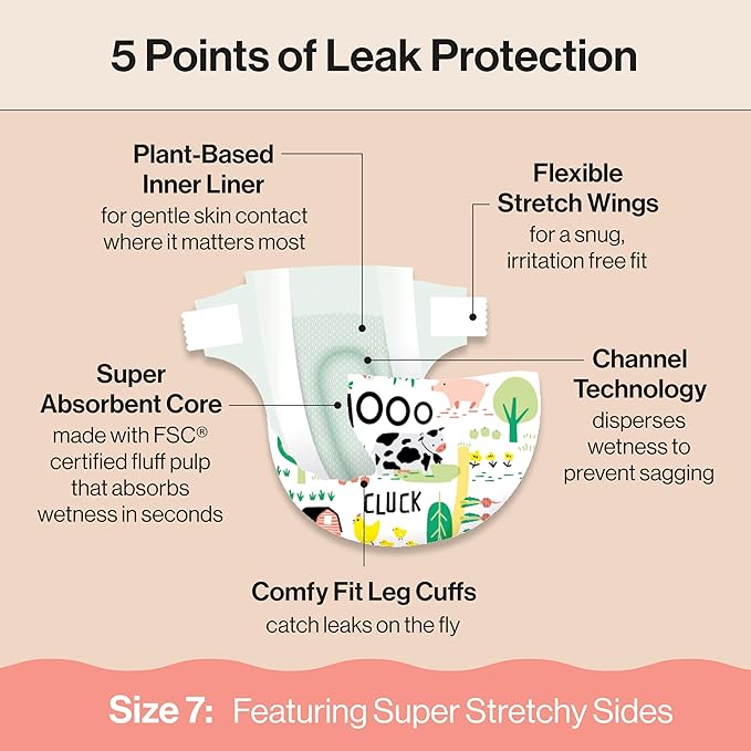 The Honest Company Clean Conscious Diapers for Delicate Skin Up to 100% Leakproof Hypoallergenic Fragrance-Free Baby Gender Neutral Prints Super Club Box Size 7 (41 lbs) 64 Count