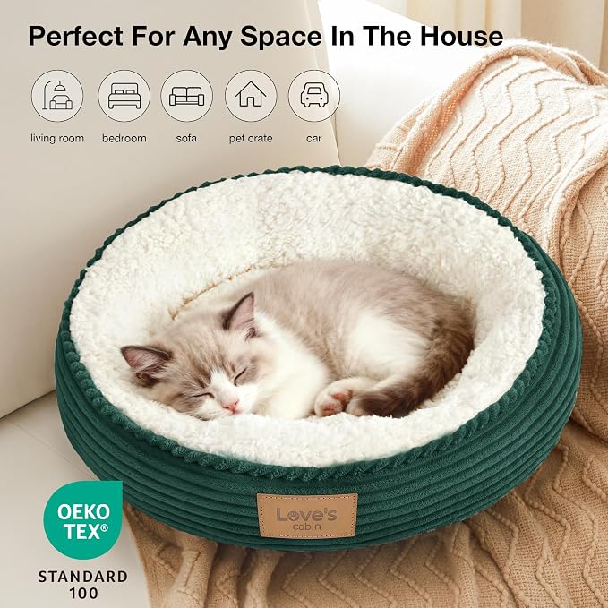 Love's cabin Round Donut Cat and Dog Cushion Bed, 20in Pet Bed for Cats or Small Dogs, Anti-Slip & Water-Resistant Bottom, Super Soft Durable Fabric Pet beds, Washable Luxury Bed Dark Green
