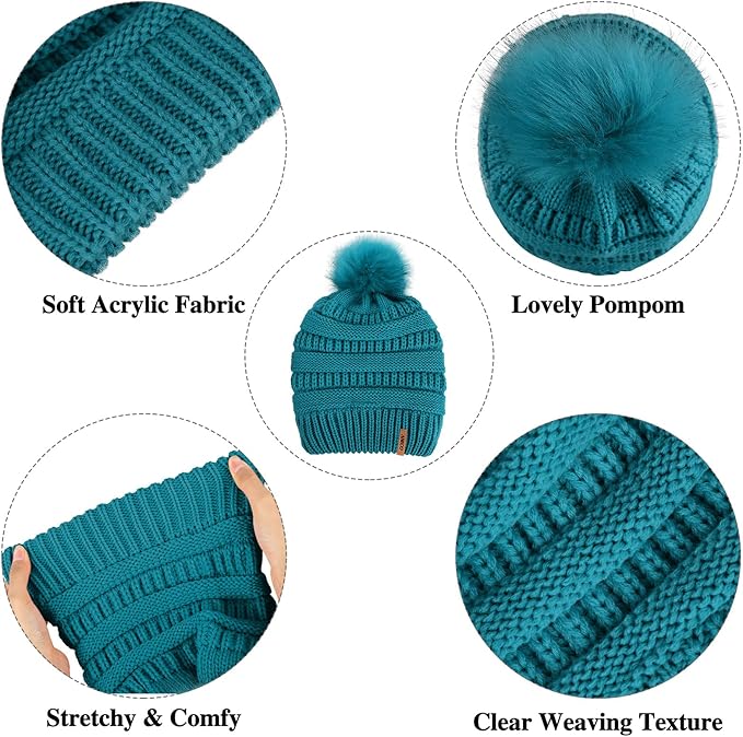 Aneco Womens Winter Warm Sets Knitted Fur Pompoms Beanie Hat Circle Loop Scarf Touch Screen Gloves Winter Favor Accessories