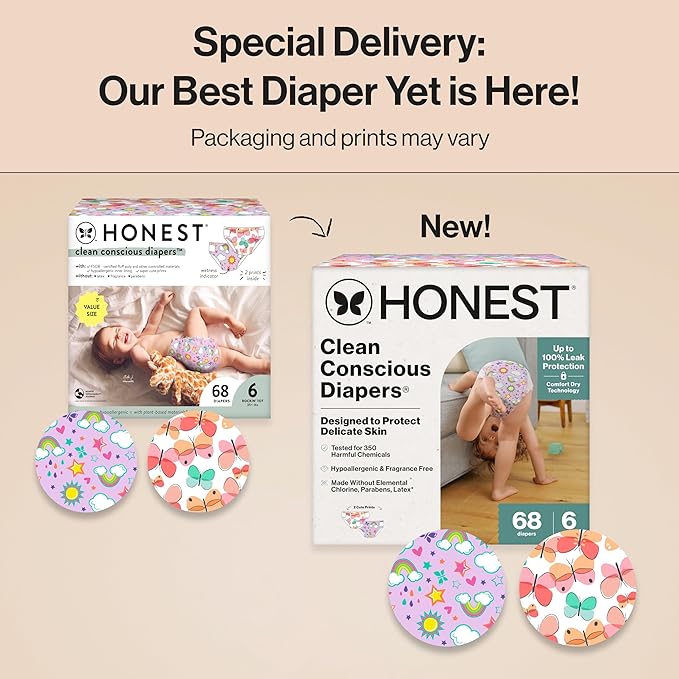 The Honest Company Clean Conscious Diapers for Sensitive Skin Up to 100% Leakproof Hypoallergenic Fragrance-Free Baby Girl Prints Super Club Box Size 6 (35 lbs) 68 Count (Prints