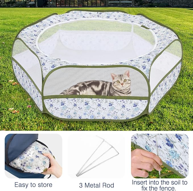 Pawaboo Small Animal Playpen with Zippered Cover, Blue + White Flower | Portable pop-up pet tent for supervised rabbits, guinea pigs, chicks and kittens; water-resistant bottom and 3 metal rods