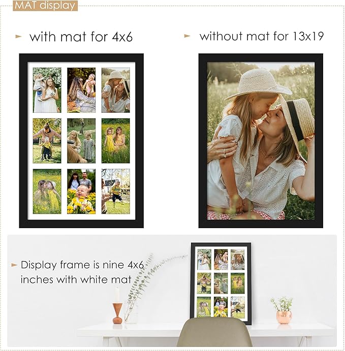 13x19 Collage Picture Frame 4x6 Picture Frames Collage Wall Decor Displays Nine 4x6 inch Photos Available Horizontal Wall Mounting Display and Vertical Black