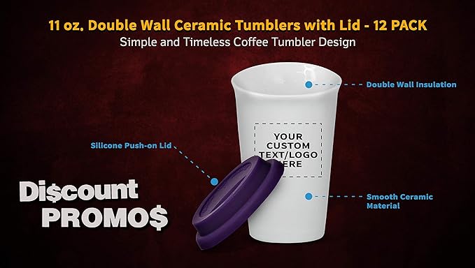 Personalized 11 oz. Double Wall Ceramic Tumblers with Lid - 12 Pack - Custom Text, Logo - Purple