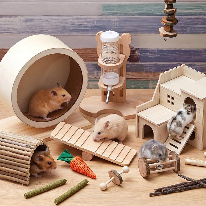 18 Pcs Hamster Cage Accessories, Silent Hamster Wheel 15 Toys Set | Maze Wood House and Water Bottle Set for Rat Mice Small Animals Habitat Decor Enrichment Starters (Harmony Wooden Style)