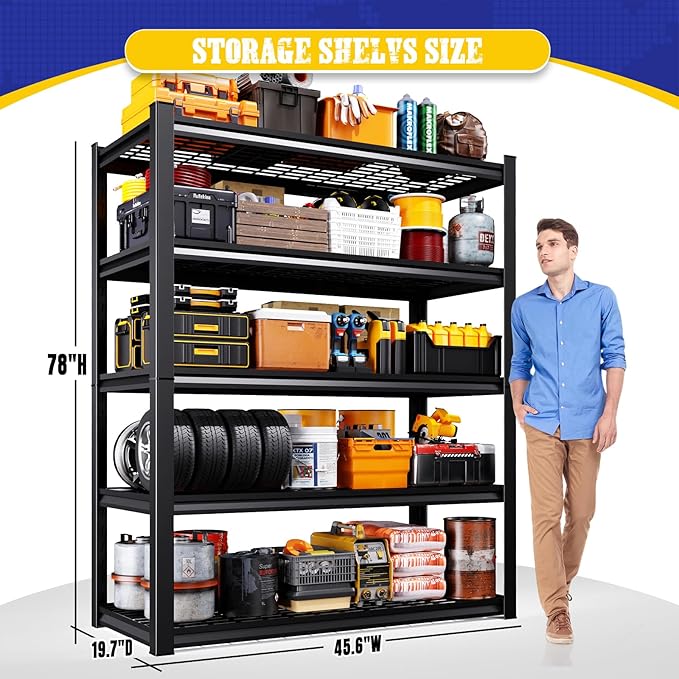 Set of 2 Garage Shelving Heavy Duty Storage Shelves, Adjustable Metal Shelving Unit, Utility Garage Organizer Shelf for Basement, Pantry, Warehouse, Supermarket, 45.6" W x 19.7" D x 78" H