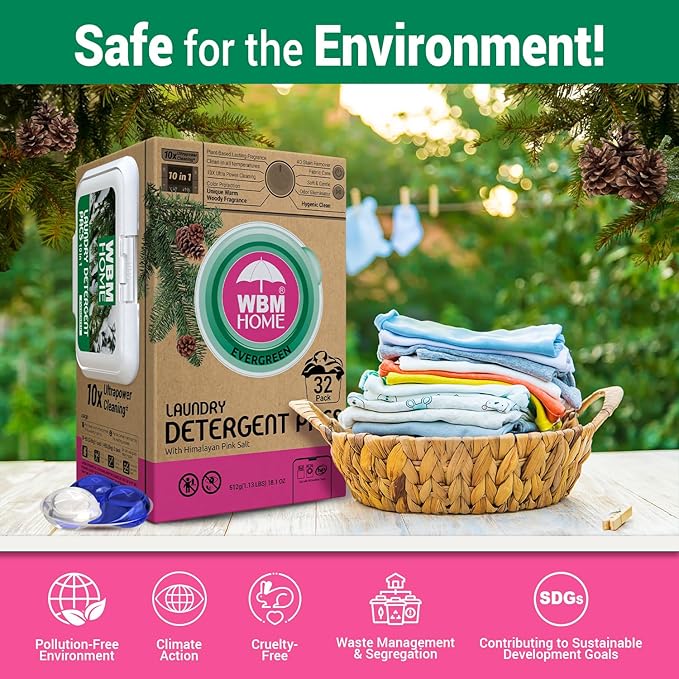 WBM Laundry Detergent Pods - Ultra-Concentrated, Hypoallergenic, Stain-Fighting, Evergreen Scent, 32-Pack, Recyclable Packaging for Eco-Friendly Cleaning