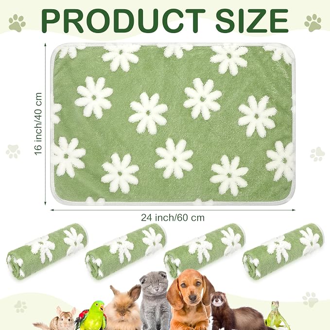 Reginary 4 Pcs Guinea Pig Fleece Blankets, White Flower, 24 x 16 Inch | Waterproof Washable Cage Liners, Absorbent Double Layer Bedding for Guinea Pigs, Reusable Pads for Hamsters Rabbits
