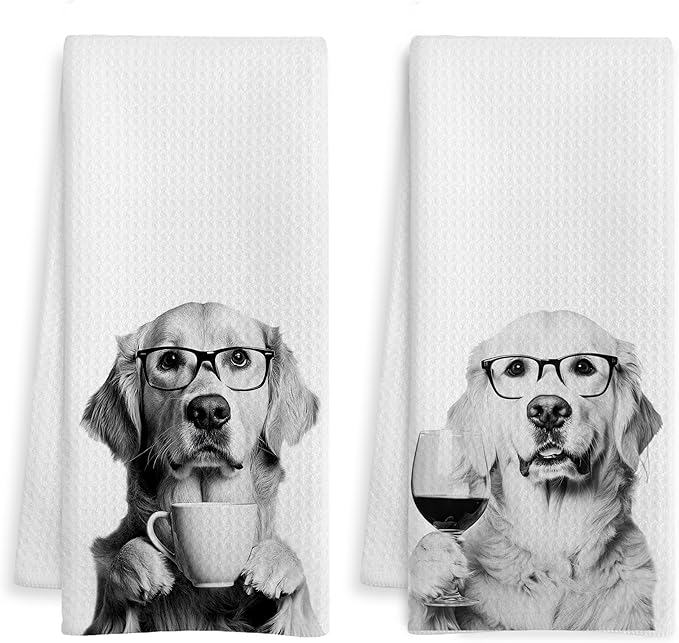 Funny Golden Retriever Kitchen Bar Towels, Golden Retriever Gifts for Women Men, Wine Coffee Lover Gifts Decorative Hand Towels for Kitchen Bar Cart Decor, 16x24 Inch Set of 2
