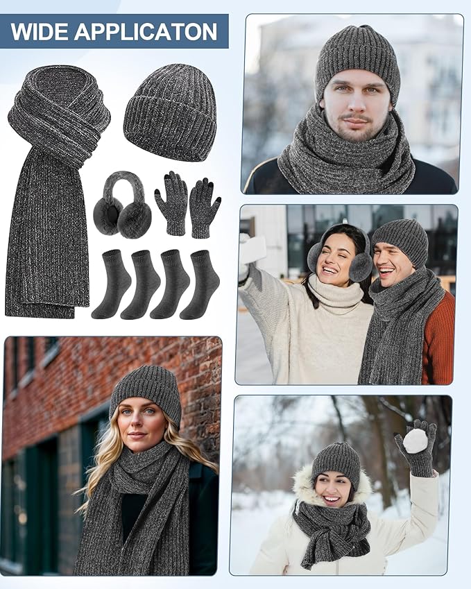 Geyoga 6 Pcs Winter Knit Set Beanie Hat Long Scarf Touchscreen Gloves Ear Muff Socks Warm Valentine Gift for Women Men Snow(Dark Grey,Classic Style)