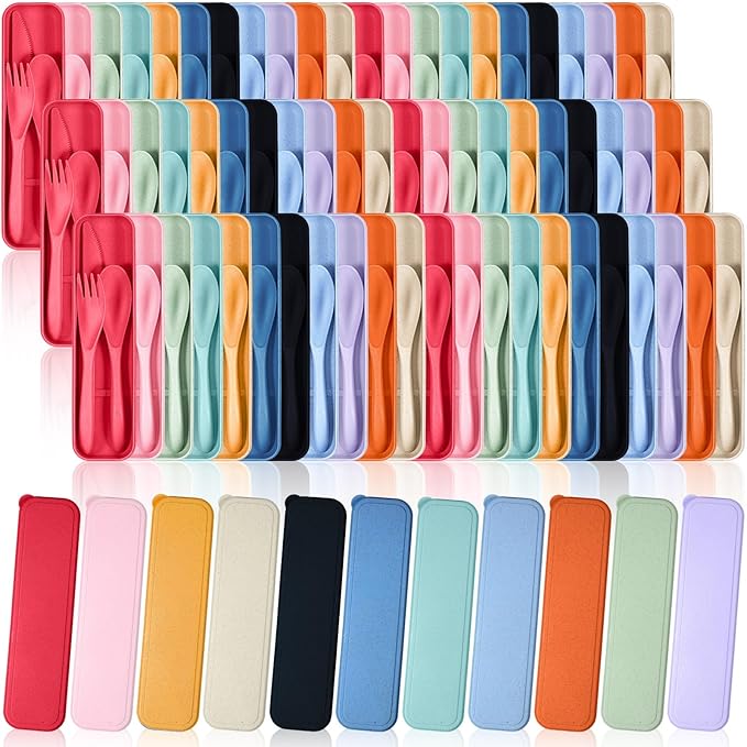Yahenda 77 Sets Reusable Travel Utensils Set with Case Wheat Straw Cutlery Portable Spoon Knife Fork Tableware Lunch Box Bulk for Adults Travel Picnic Camping Utensils Gifts (Bright Color)
