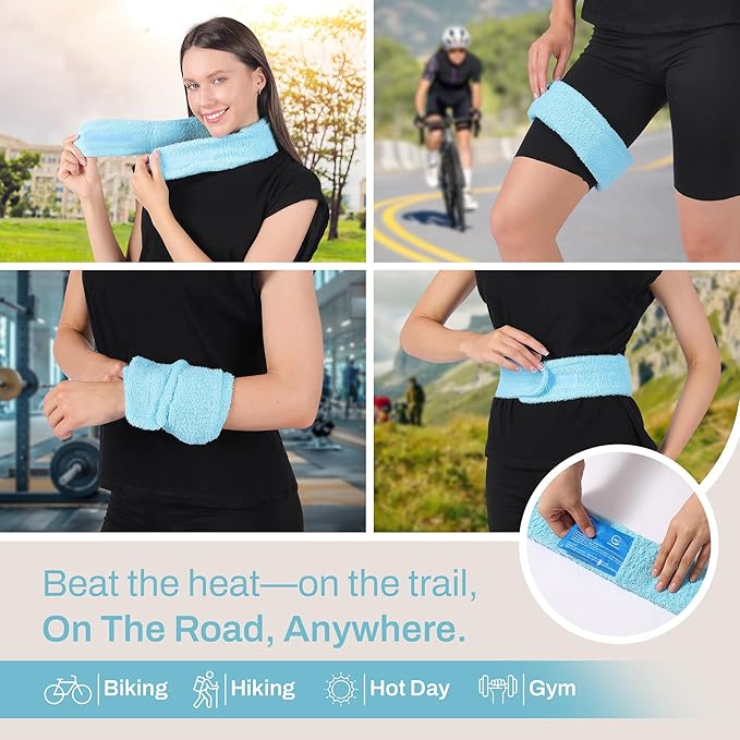 Cooling Towel with Soft Gel Ice Pack Inserts | Included 2 Gel Ice Packs Reusable - Multi Purpose Compression Wrap - Neck, Legs, Arms, Shoulders - Ideal for Post Surgery, Migraines, Hiking and Injuries