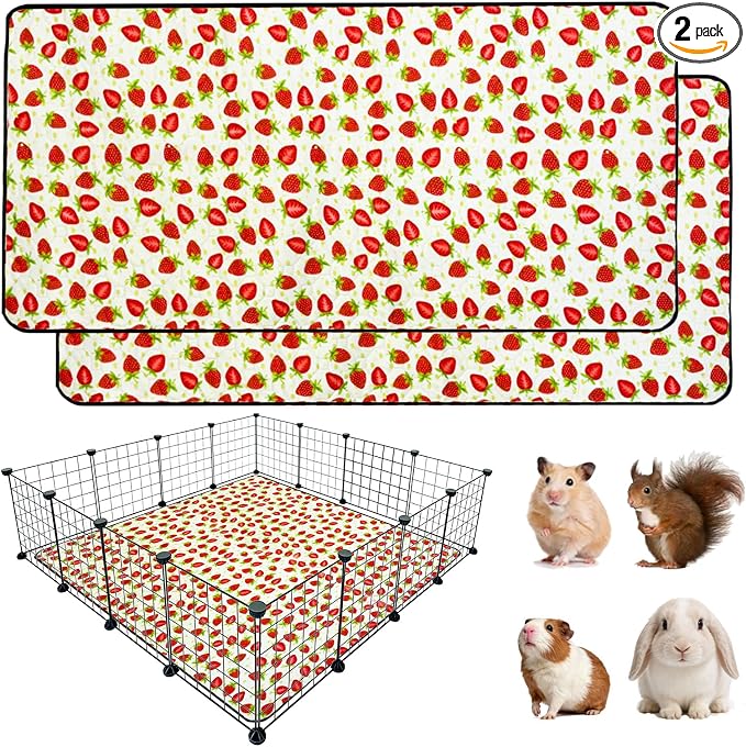 2 Pack Guinea Pig Cage Liners, 48"x 48" Washable Waterproof Bedding for Rabbit, Bunny, Hamster & Small Animals, Reusable Super Absorbent Pee Pads for C&C Cage, Strawberry Print