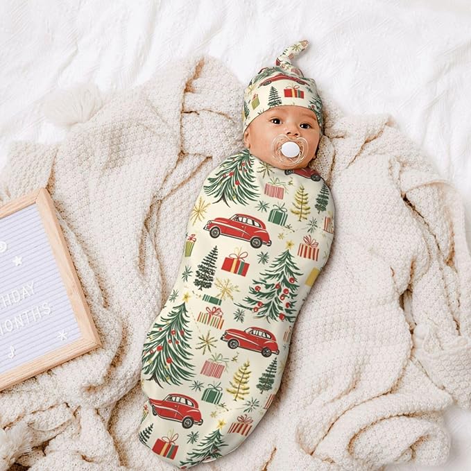 Christmas Baby Swaddle Blanket and Hat Set for Newborn Boys Girls Soft Infant Wrap Sleep Christmas Tree Gift
