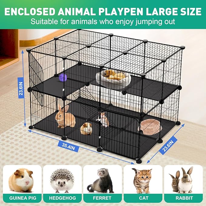 VISCOO 41 Panels Pet Playpen, 35.4" x 23.6" x 23.6" Small Animal Playpen | Rabbit Cage for Guinea Pigs,Bunny,Hedgehogs, with 2 Doors, Puppy Play Pen Indoor Outdoor, Two-Story C&C Cage