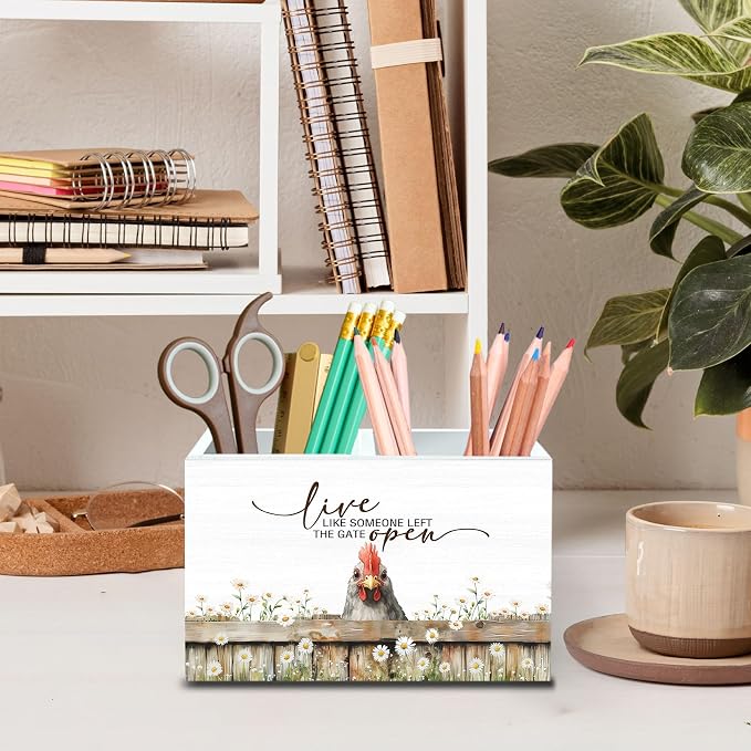 DILSJ Inspirational Chicken 2 Compartment Pen Pencil Holder Organizer for Desk, Chicken Lovers Gifts for Women, Live Like Someone Left The Gate Open Wooden Box Signs for Home Office & School Supplies