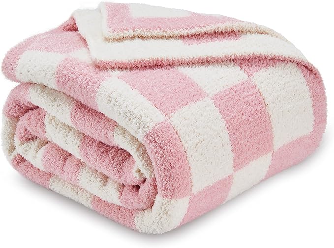 CozeCube Super Soft Fullfy Microfiber Reversible Knitted Blankets, Warm Cozy Fuzzy Plush Throw, Pink and White Checkered Throw Blanket for Couch Bed Sofa, 60" x 80"