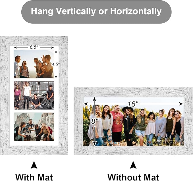 8x16 Picture Frame Display 3 opening Picture Frame 5x7 Collage,Multi Photo Frame with Mat,Plexiglass,Horizontal and Vertical Formats for Wall Decor,Distressed White Wood Grain