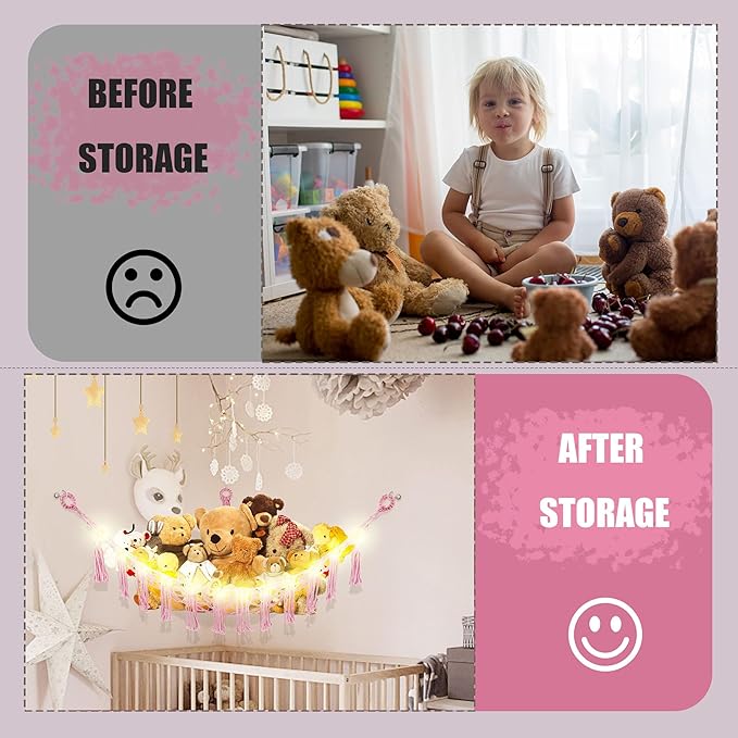 CERETIA Stuffed Animal Hammock with LED Light, Large Stuffed Animals Storage Corner Plushie Net for Kids Room Decor, 2 Packs Pink