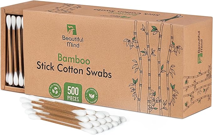 Bamboo Cotton Swabs 500 Pack - Natural Swabs for Ears, Makeup & Cleaning - Carbonized Bamboo Sticks with Soft Buds - Travel Size Q Gentle Tips - Precision Ear Cleaner Swabs - Drawer Box