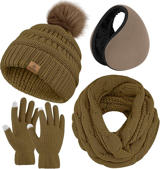 URATOT 4-In-1 Winter Warm Sets Knitted Scarf Touch Screen Gloves Beanie Pompom Hat and Winter Ear Warmer for Men or Women